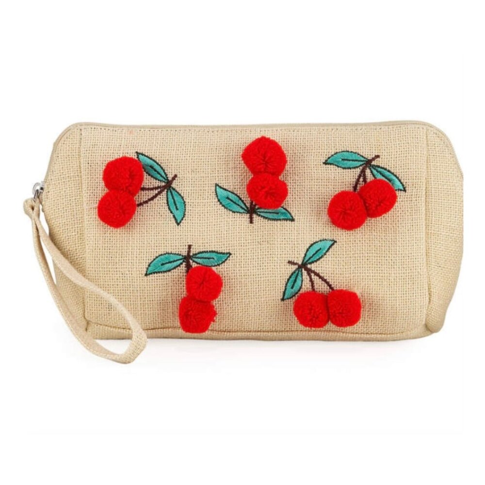 NWT CIRCUS BY SAM EDELMAN Pippa Jute Clutch Bag with Embroidered Pompom Cherries